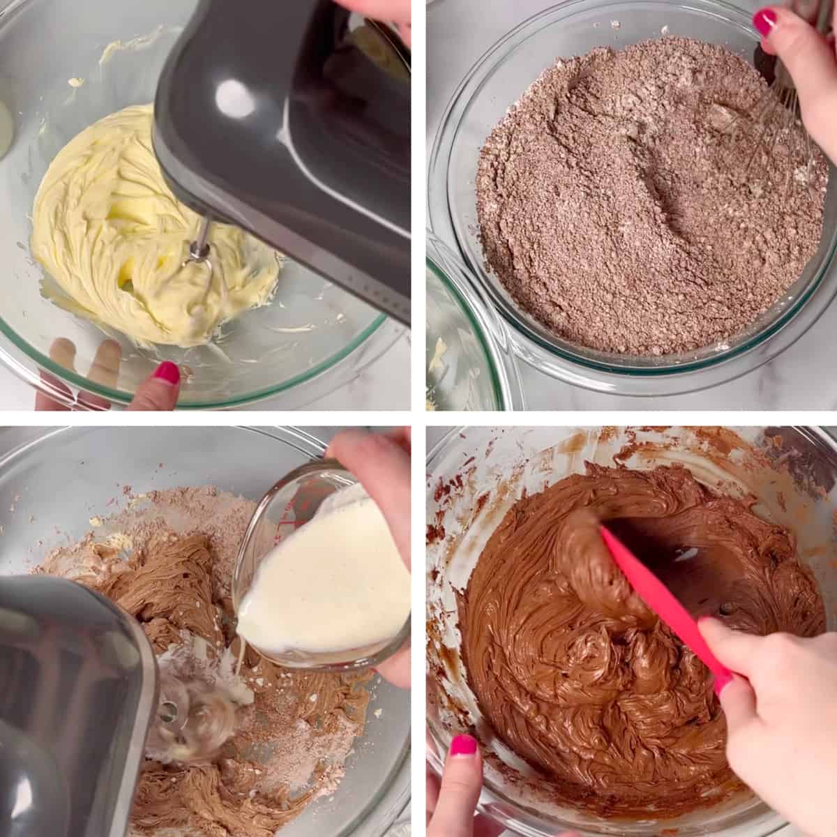 Four photos showing steps of how to make frosting.