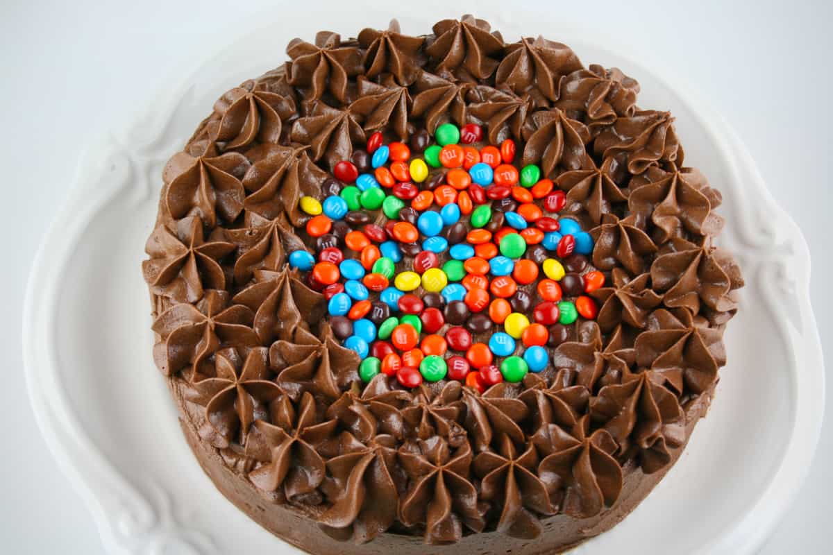 Chocolate frosted cake with M&M candies on top.