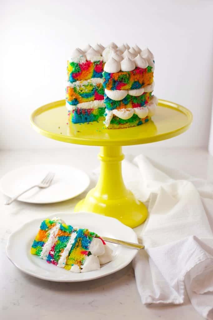 Rainbow tie dye cake sliced