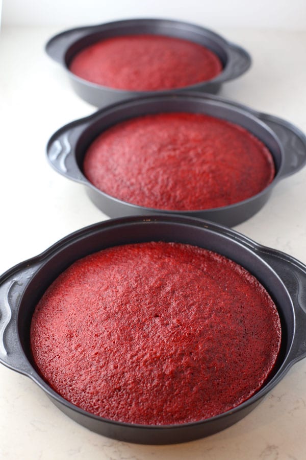 Red velvet cakes baked in pans