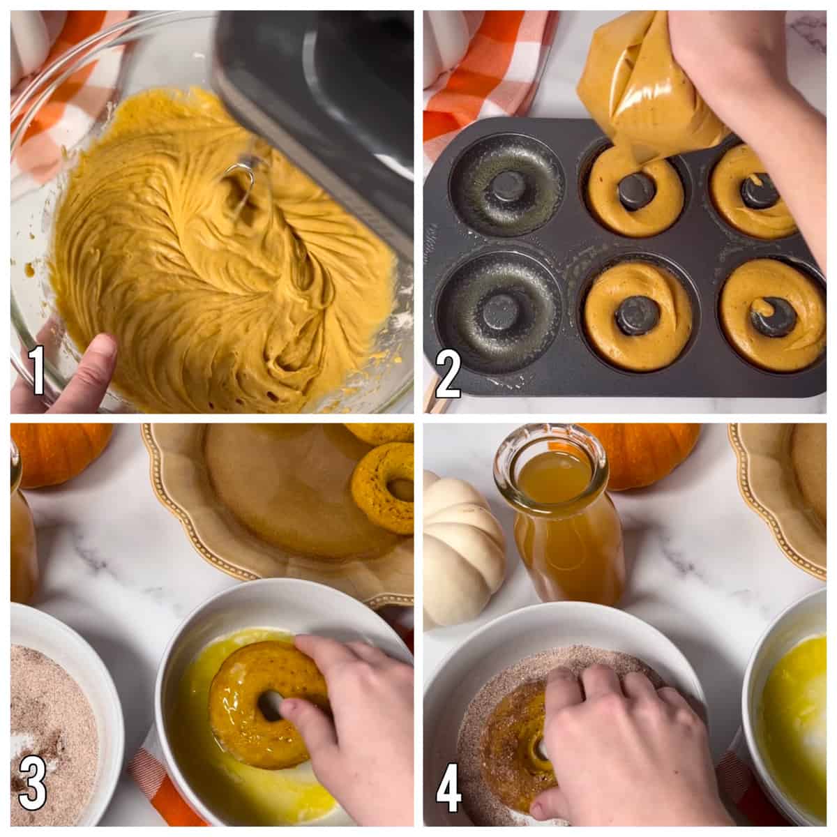 Steps to. make pumpkin apple cider donuts