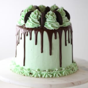 Girl Scout cake on marble top cake stand.