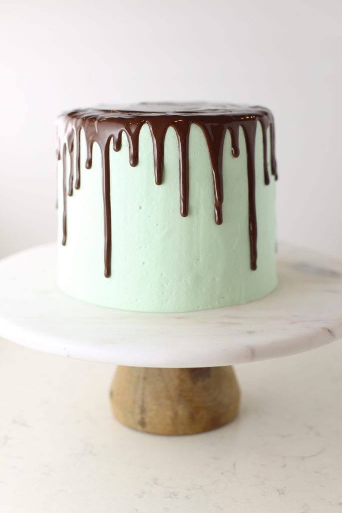 Chocolate ganache drizzle on thin mint cake