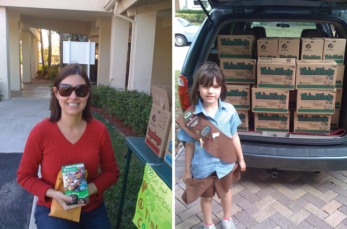 Mom and daughter selling girl scout cookies.