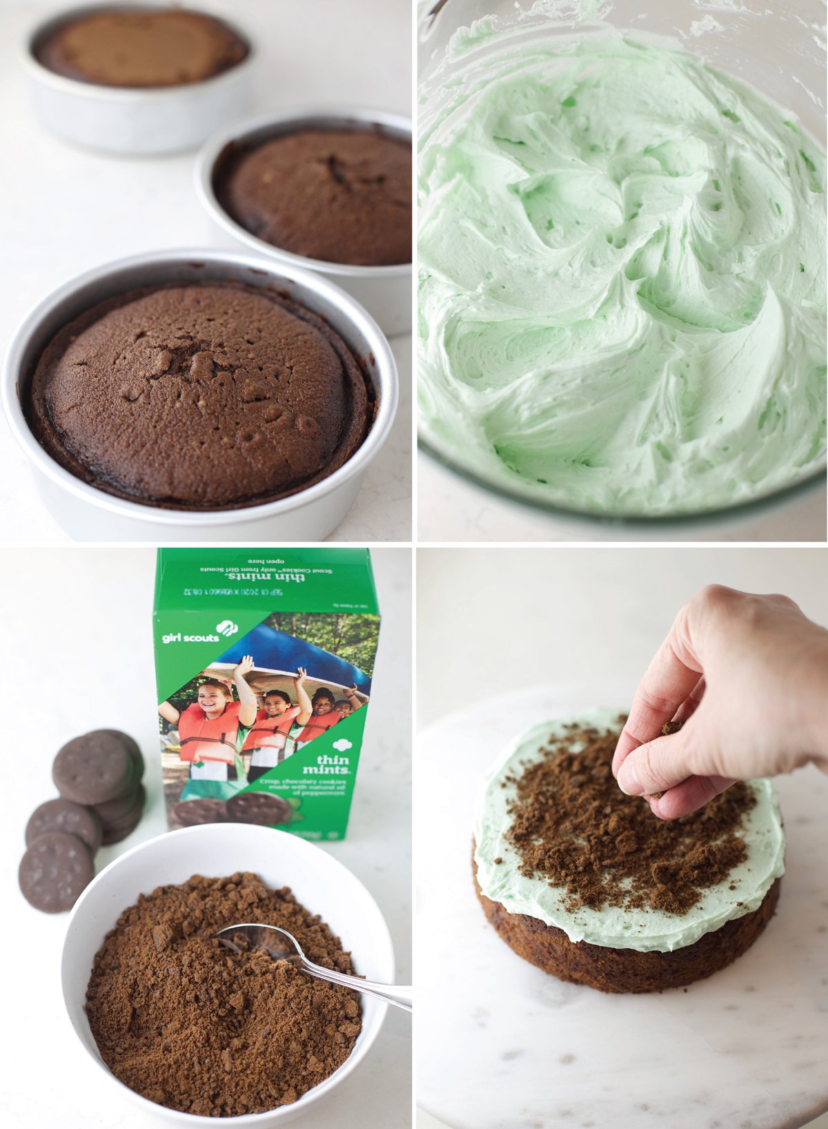 Steps showing how to make a Girl Scout thin mint cake.