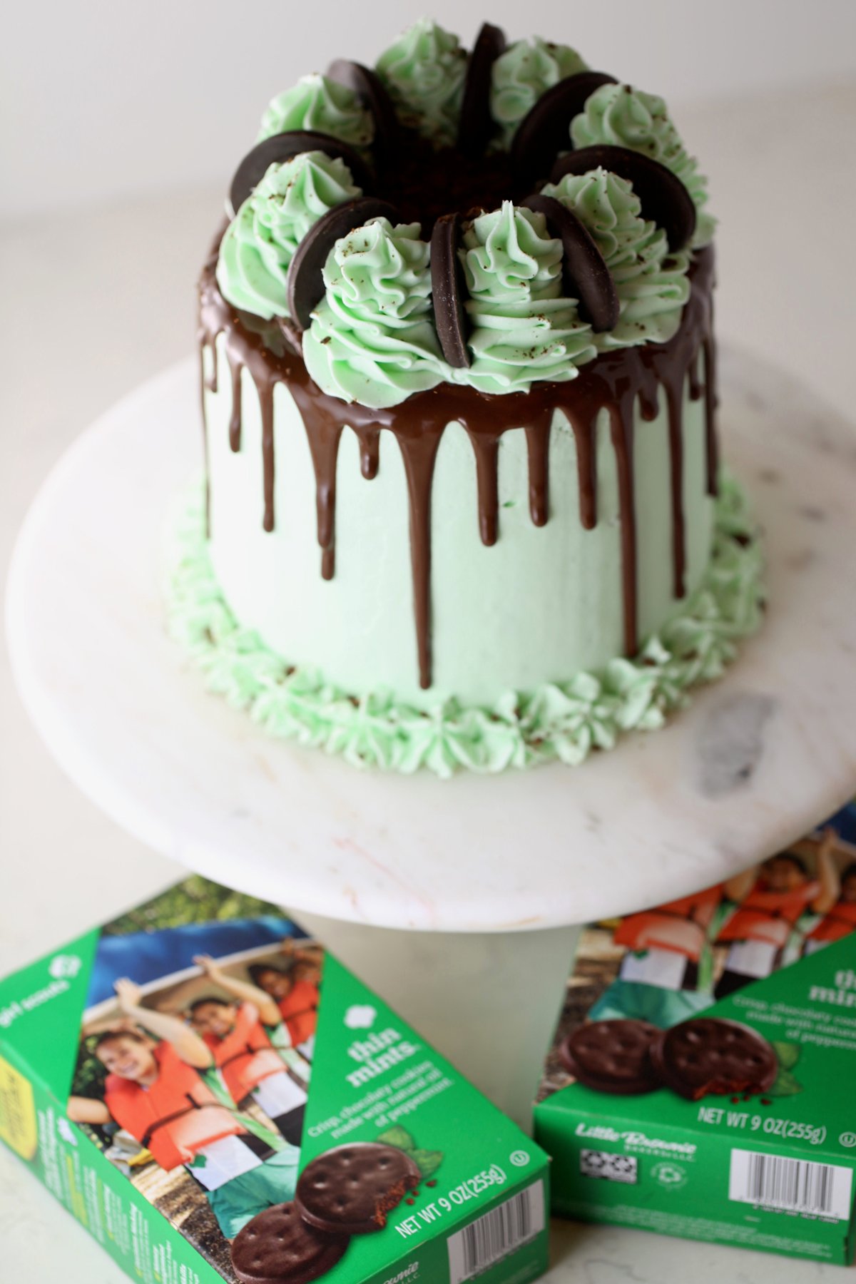 Boxes of Girl Scout Thin Mint cookies next to a mint chocolate cake.