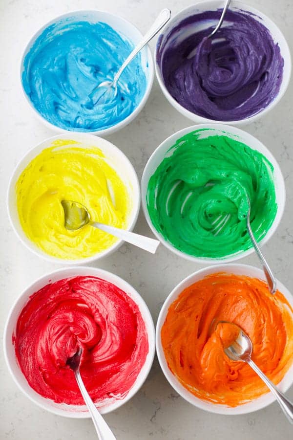 Bowls of colored frosting