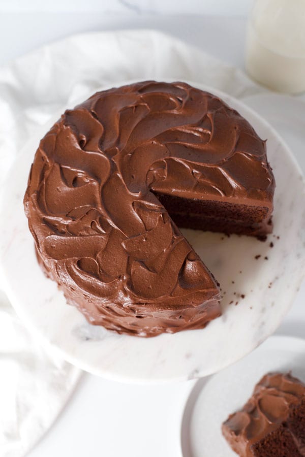 Swirls of chocolate frosting on chocolate cake