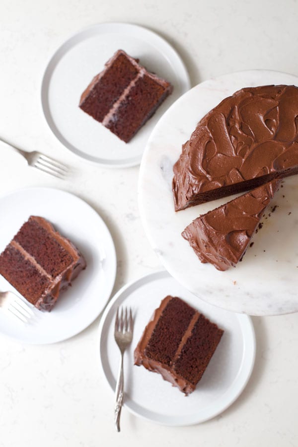 Top view of chocolate fudge cake and slices