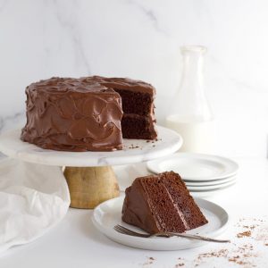 Aunt Emily's chocolate fudge cake on cakestand