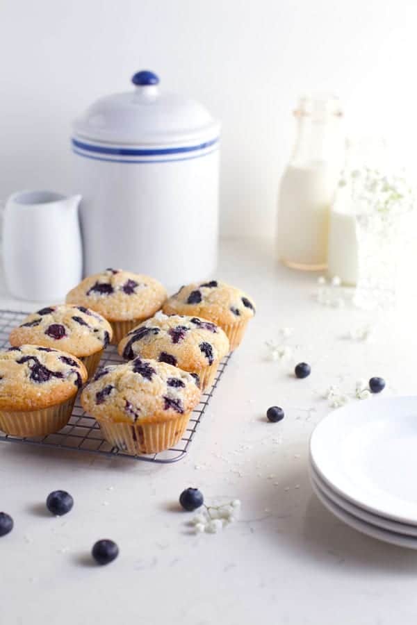 Row of six blueberry muffins