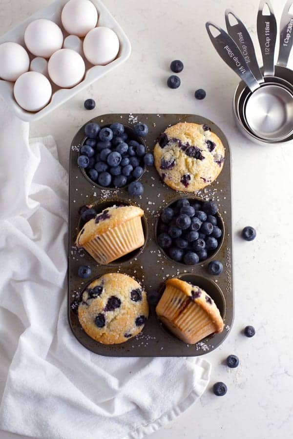 Sourdough lemon blueberry muffins in muffin pan