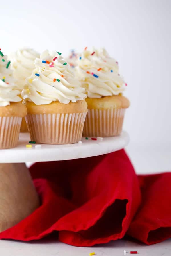 Cupcakes on cakestand with buttercream sprinkles