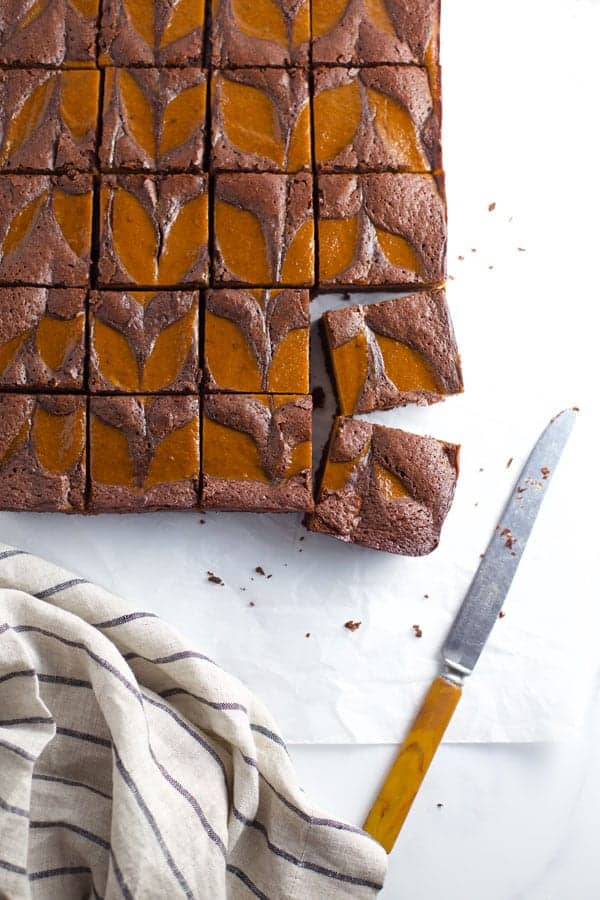 Pumpkin chocolate swirl brownies cut up