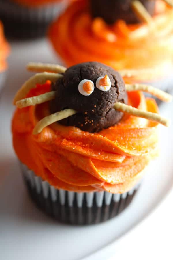 Close up of chocolate truffle spider on Halloween spider cupcakes