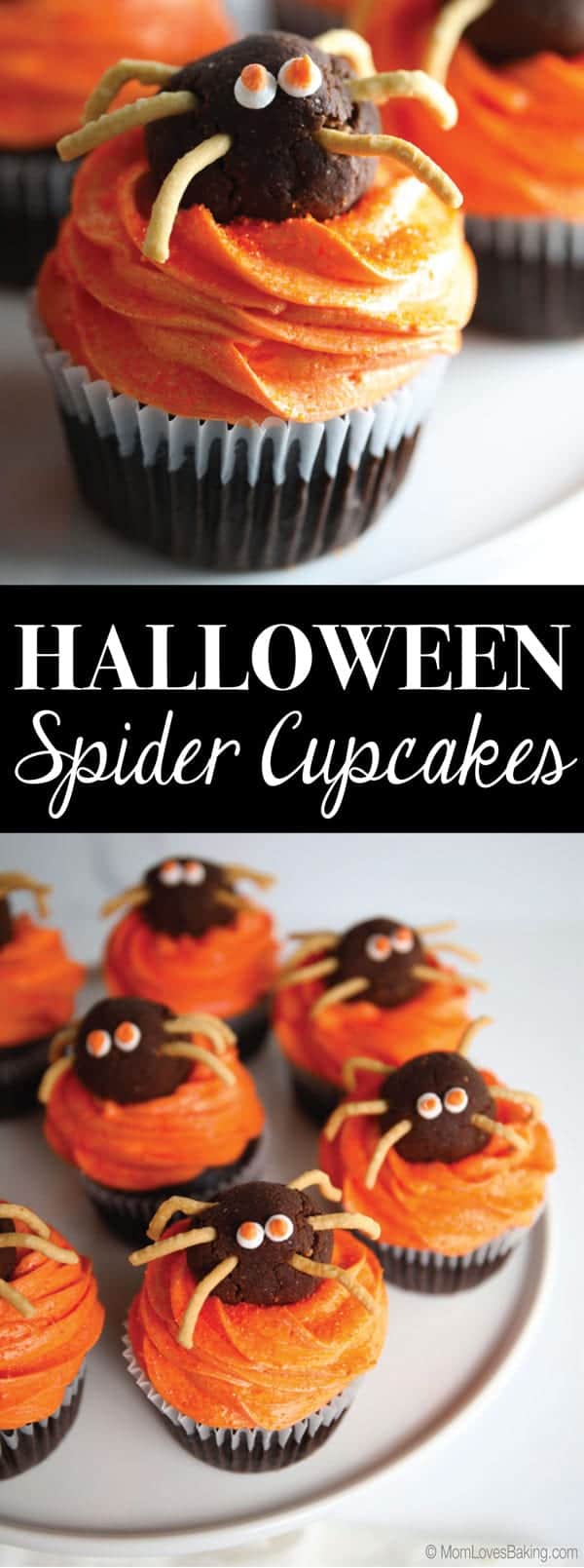 Chocolate cupcakes with vanilla buttercream frosting colored orange for Halloween topped with a chocolate truffle spider with chow mein noodle legs.