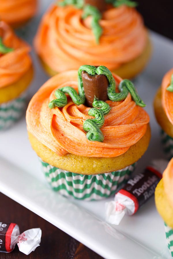 Pumpkin spice cupcakes decorated to look like little pumpkins with tootsie roll stems