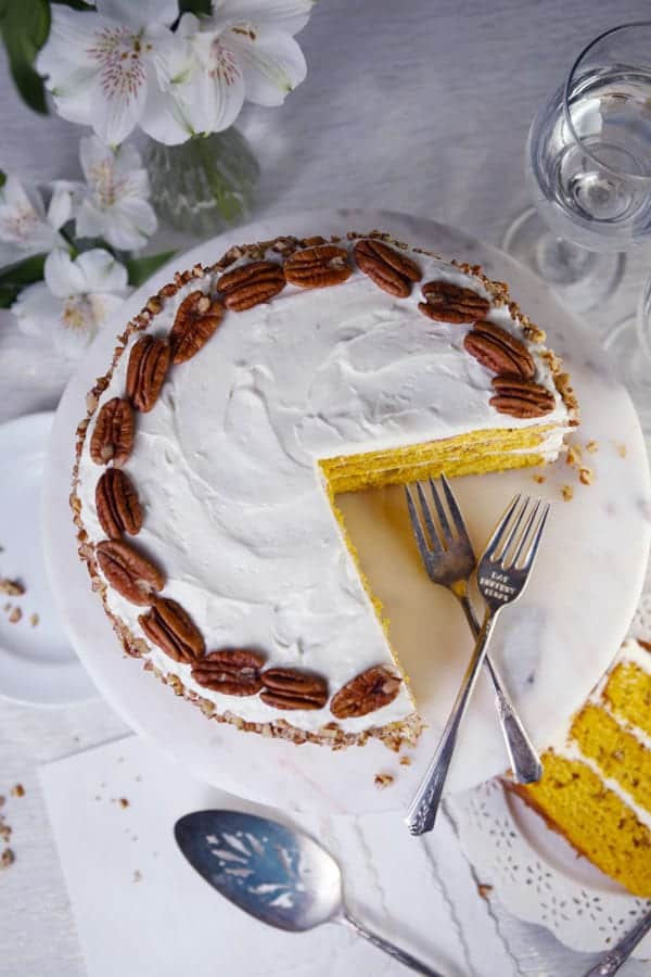 Pumpkin spice pecan layer cake with cream cheese frosting recipe