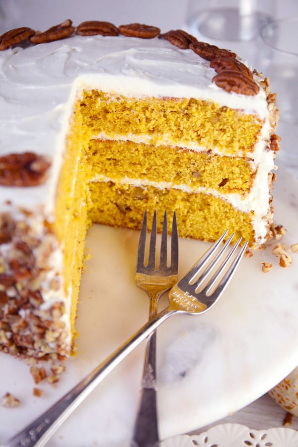 Pumpkin spice pecan layer cake with cream cheese frosting