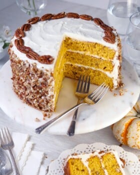 Pumpkin spice pecan layer cake with cream cheese frosting