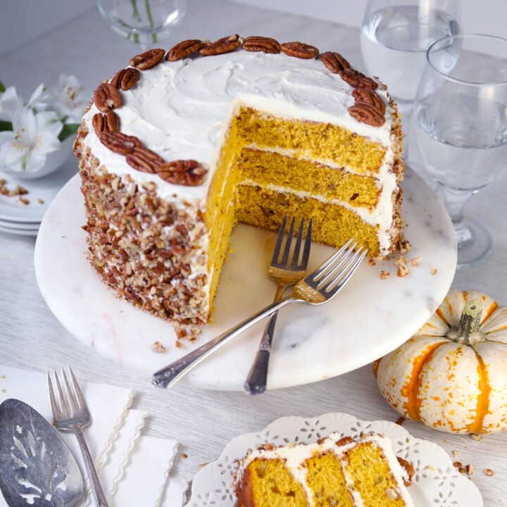 Pumpkin spice pecan layer cake with cream cheese frosting