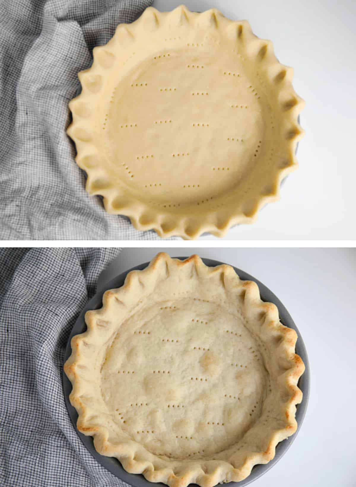 Homemade pie crust before and after baking in oven.