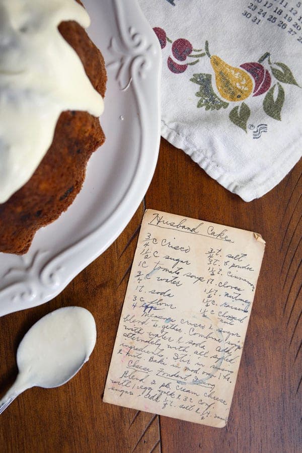 Recipe card with Grandma's vintage spice bundt cake recipe