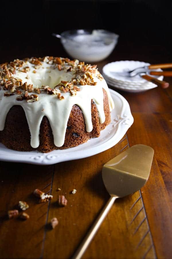 Grandma's vintage spice bundt cake recipe with cream cheese drizzled icing