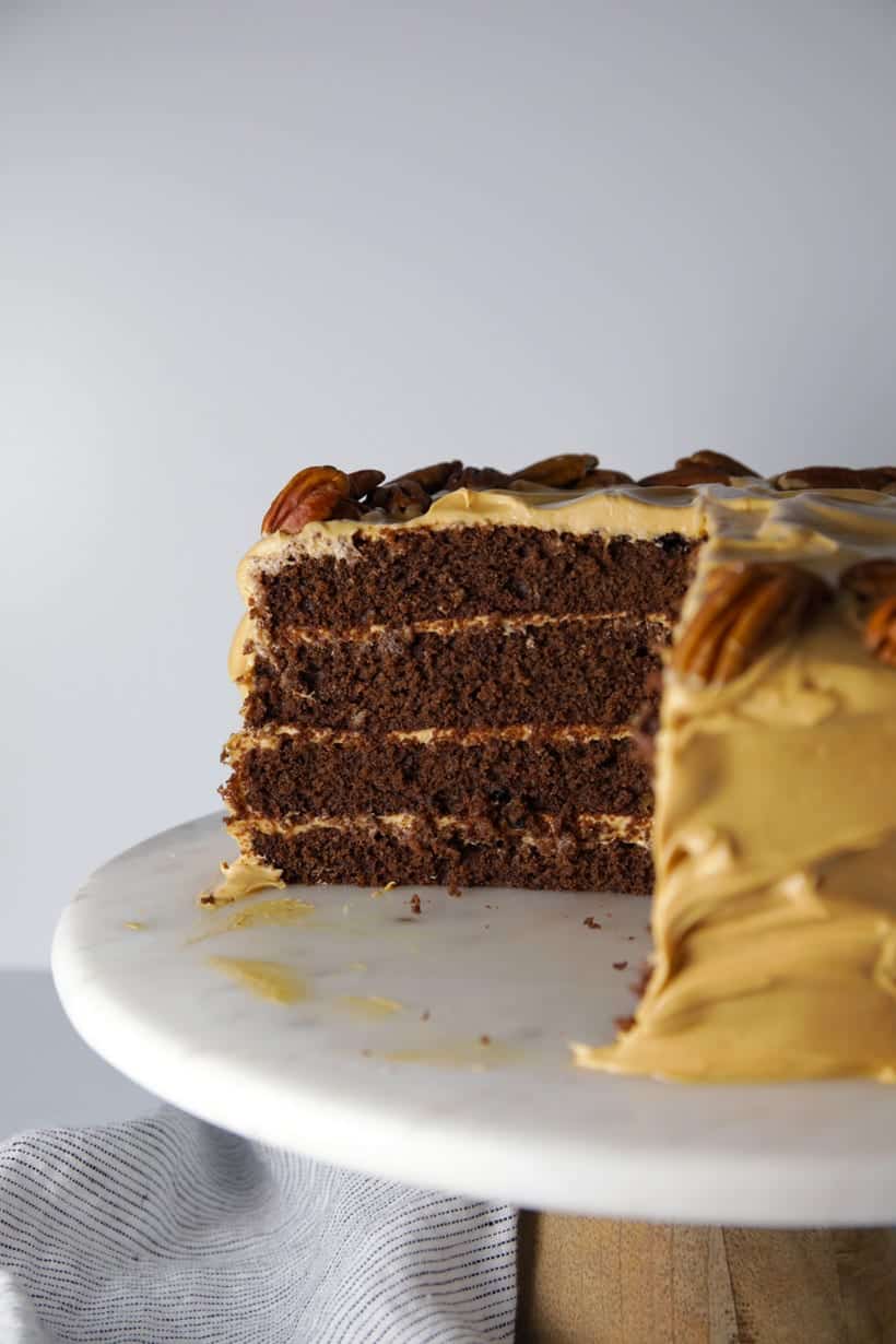 Salted caramel crazy chocolate cake with caramel cream cheese frosting easy recipe cake slices