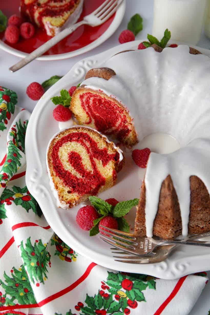 Easy recipe for red velvet marble bundt cake made with cake mix