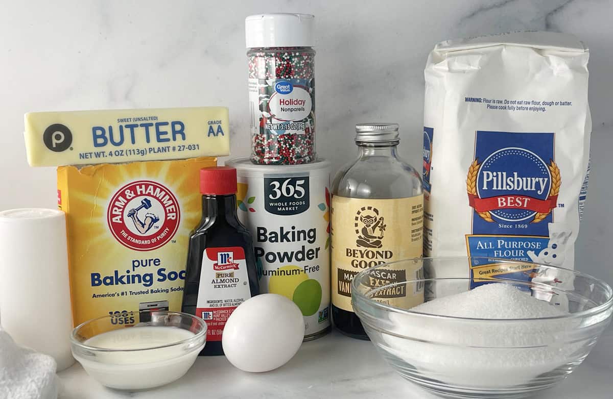 Ingredients needed to take sprinkle cookies.