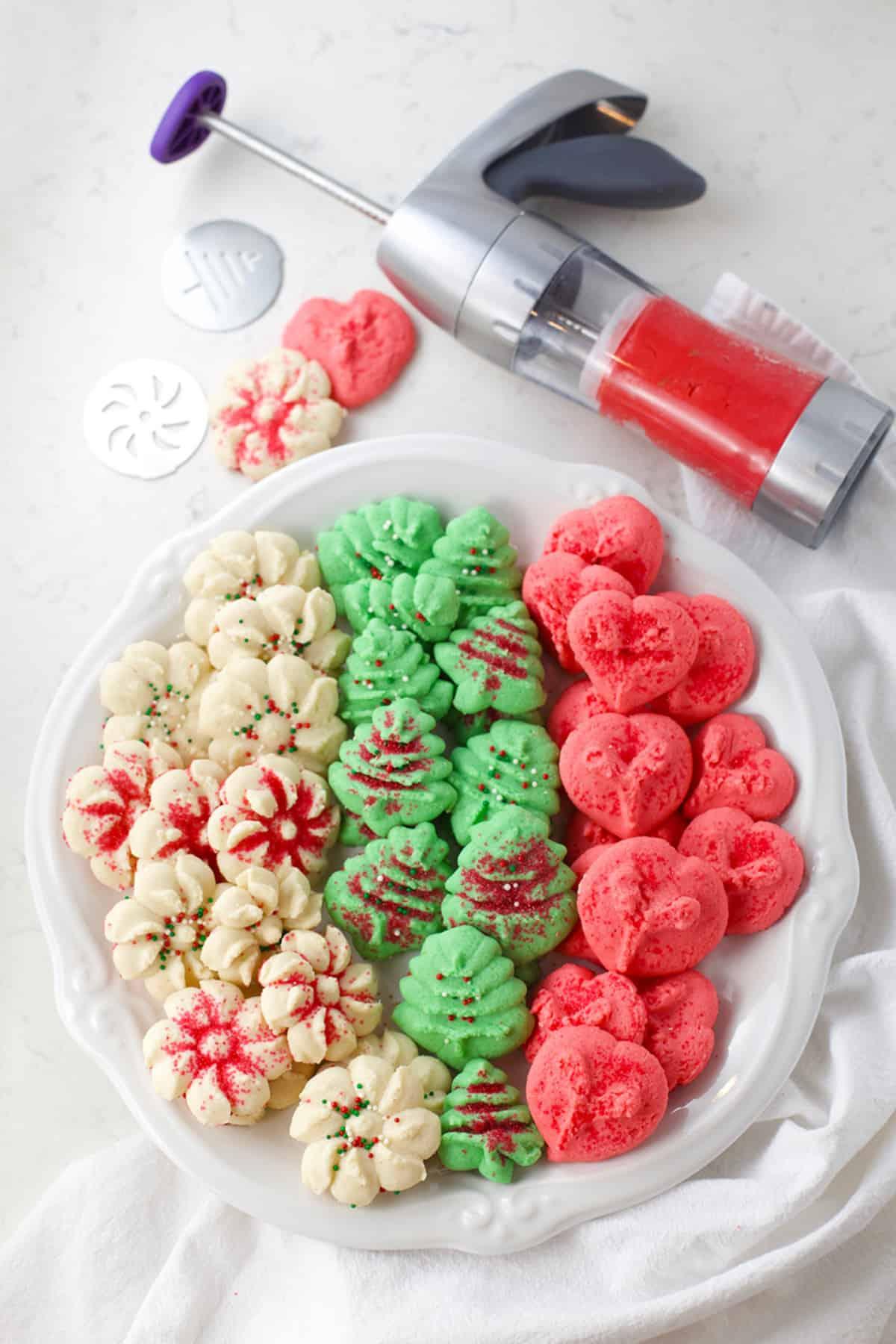Christmas Spritz cookies made in a cookie press.