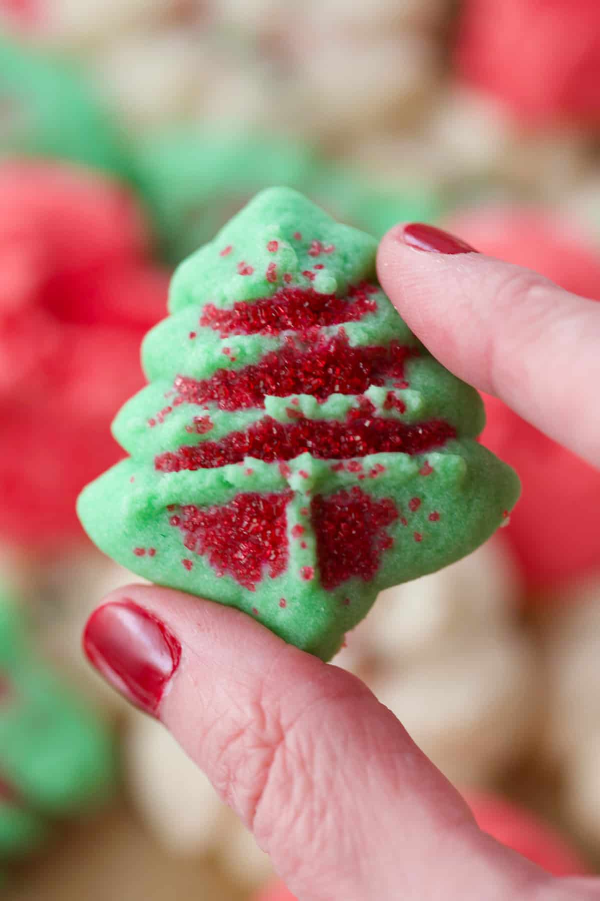 Green sugar cookie shaped like a Christmas tree.