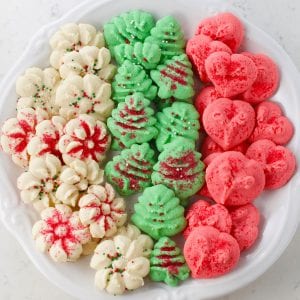 Classic Christmas Spritz cookies made with a cookie press