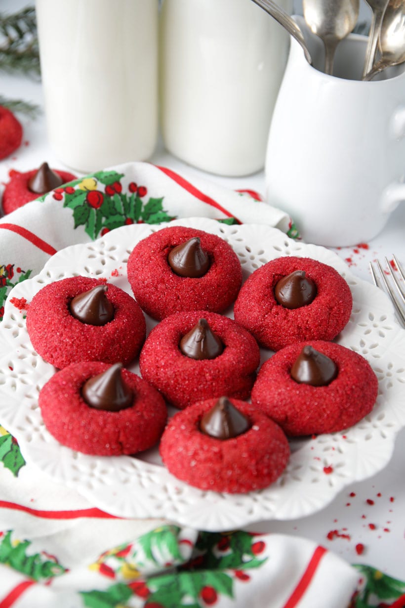 Easy red velvet thumbprint cookies with chocolate kisses
