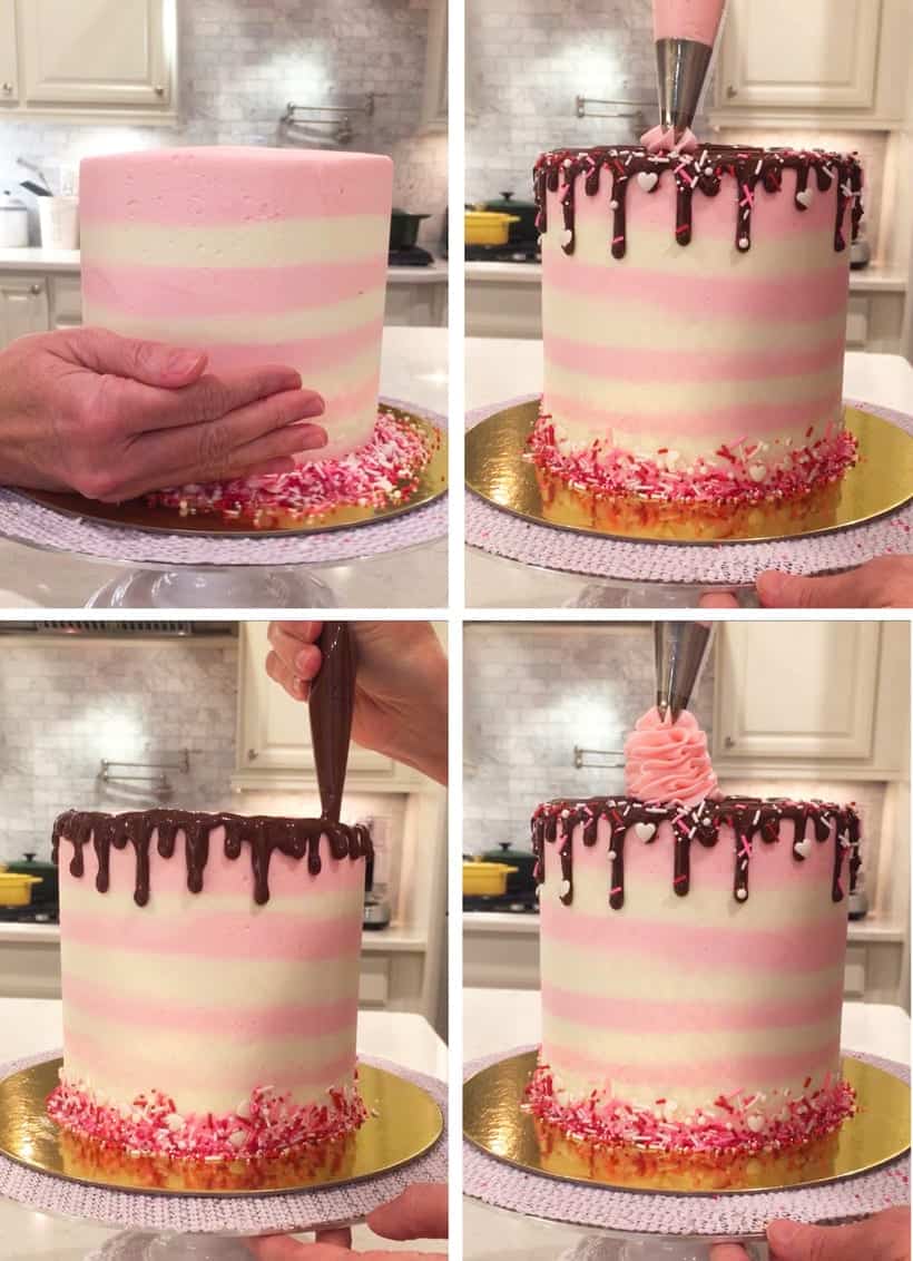 Adding sprinkles to buttercream and chocolate drizzles on cake