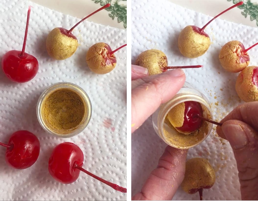 Gilded cherries with gold luster dust on valentine's day cake