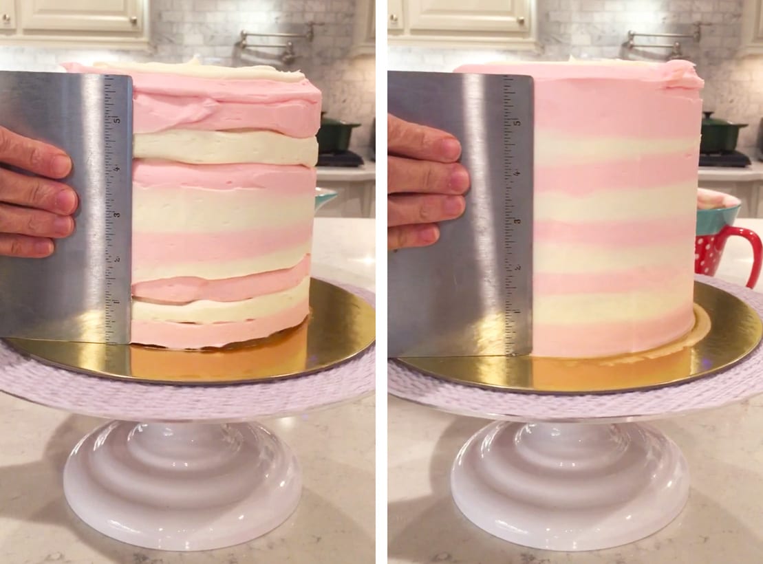 Smoothing buttercream stripes on vanilla cake