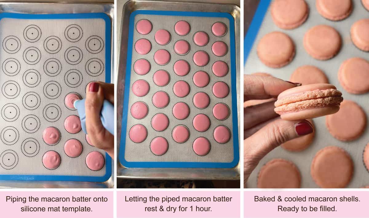 Piping French macaron batter on cookie sheet