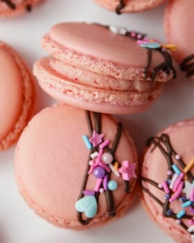 Pink French macarons with strawberry buttercream filling