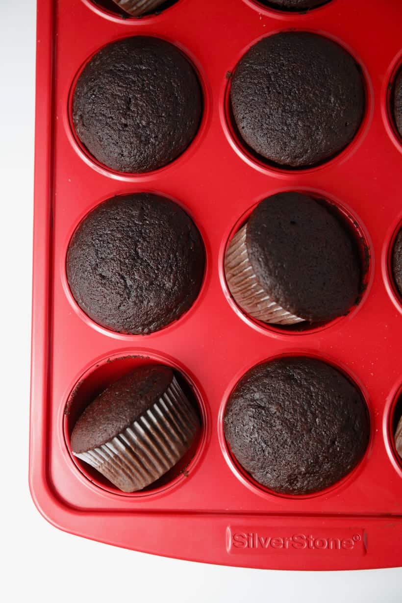 Homemade chocolate cupcakes in red muffin pan