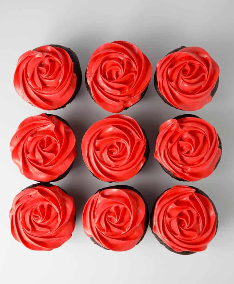 Red rose cupcakes with sweetened condensed milk buttercream