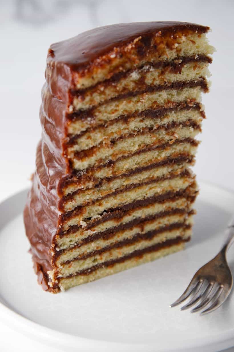 Lydia's ten layer little layer southern chocolate cake with boiled icing