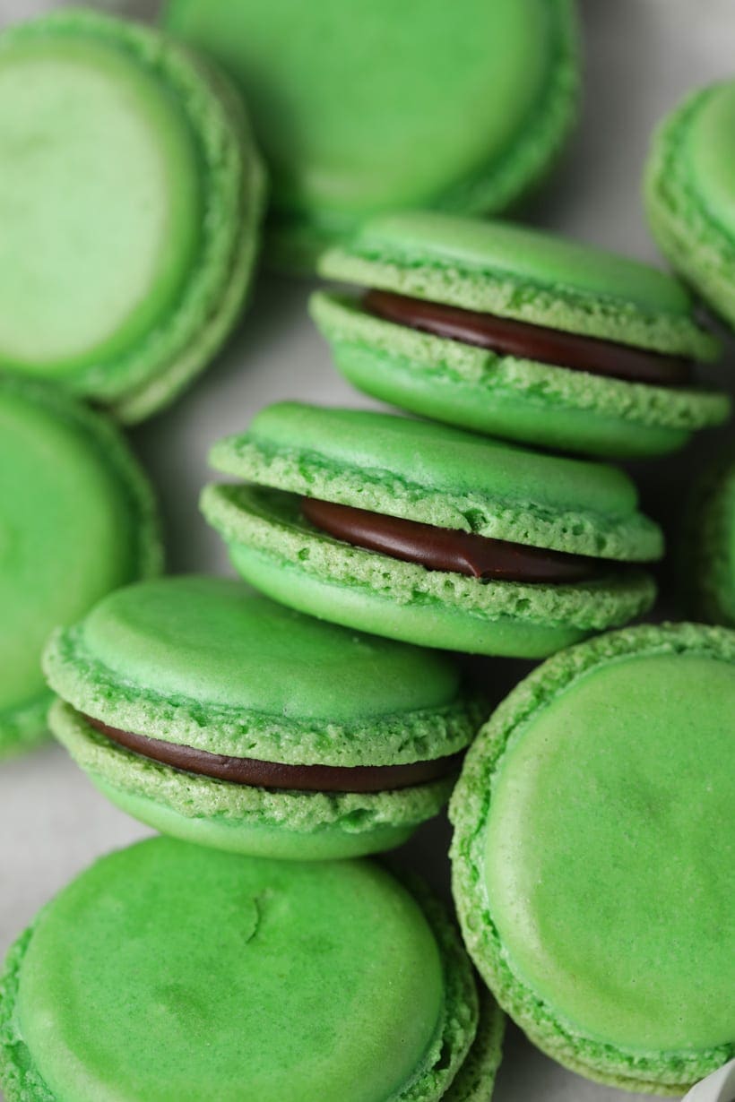 Mint green macarons with mint chocolate ganache filling