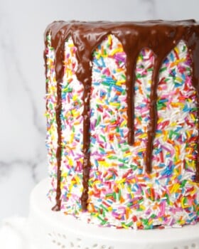 Gluten free chocolate layer cake with buttercream, sprinkles and chocolate drip