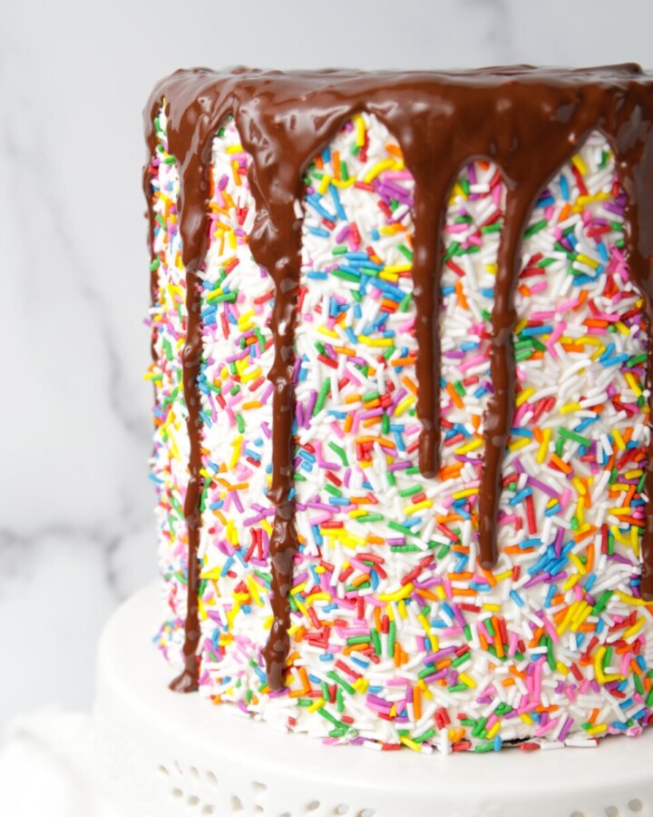 Rainbow Sprinkles Chocolate Drip Cake - Mom Loves Baking