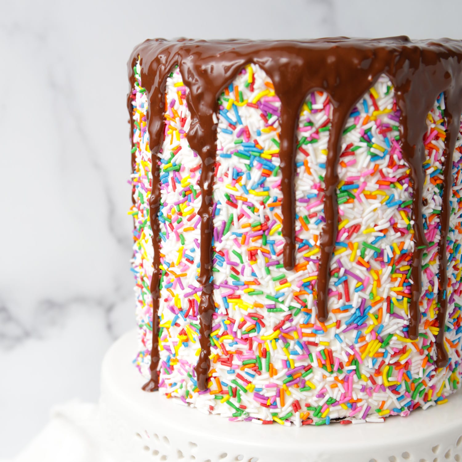 Rainbow Sprinkles Chocolate Drip Cake