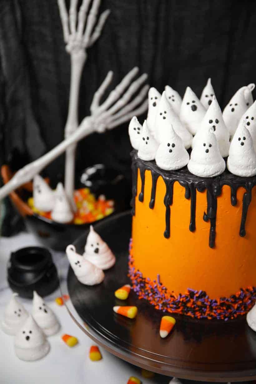 Chocolate Halloween cake with meringue ghosts