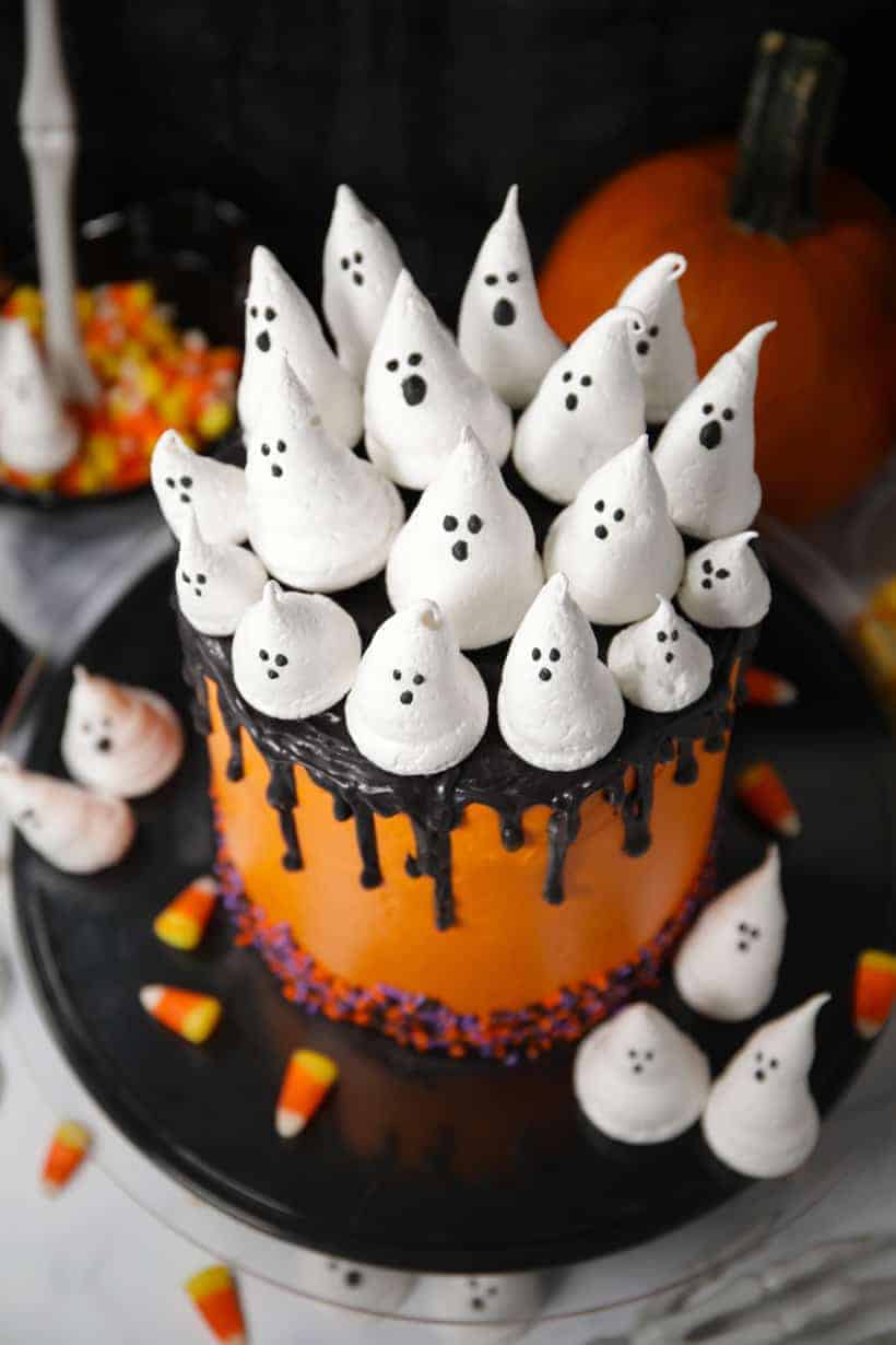 Halloween cake with meringue ghosts