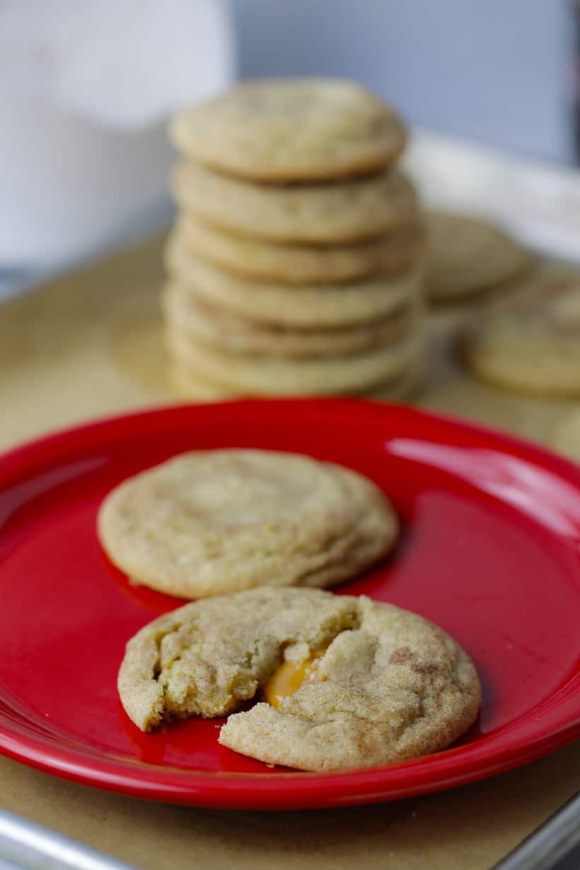 Caramle oozing out of snickerdoodle cookie